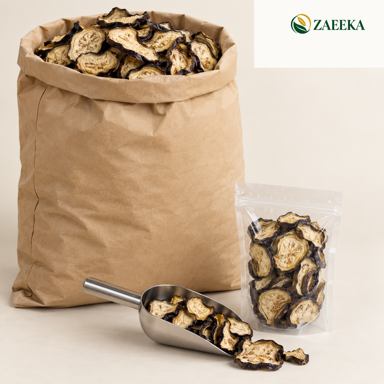 Dried eggplant five kilogram bulk wholesale product image with correct ZAEEKA logo