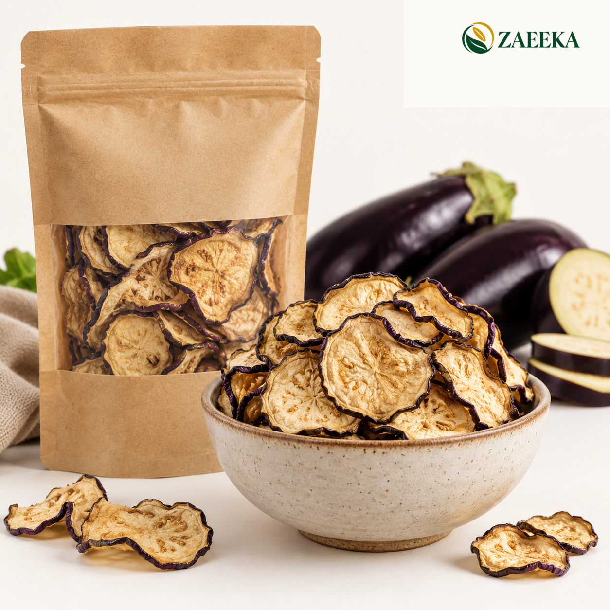 Dried eggplant chips bulk wholesale product image with correct ZAEEKA logo