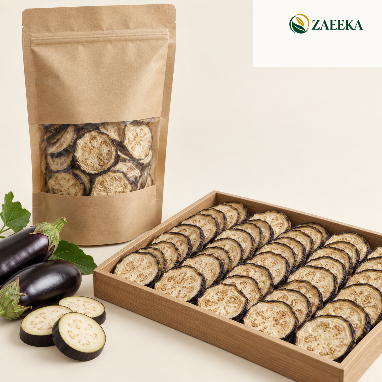 Export Grade A dried eggplant bulk wholesale product image with correct ZAEEKA logo