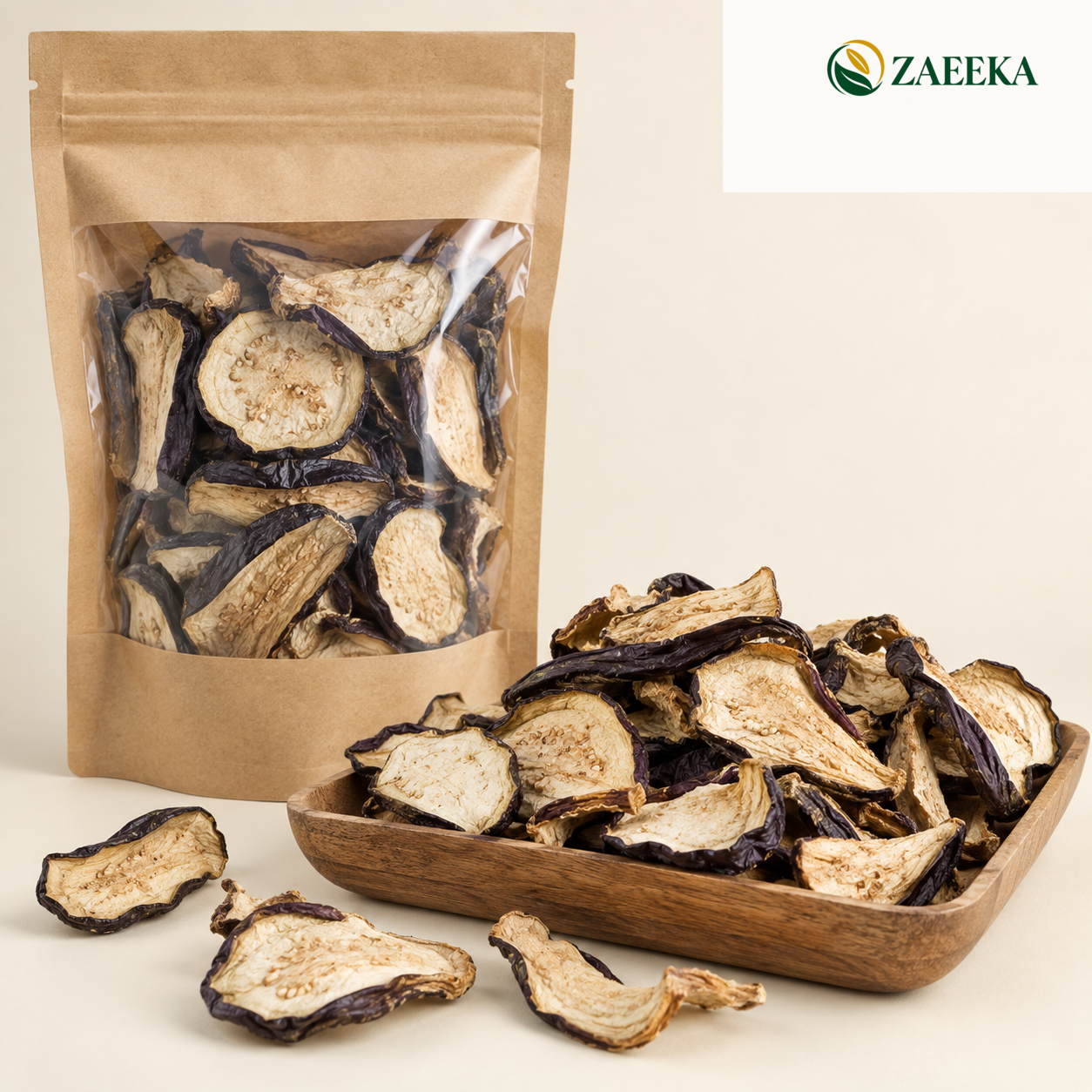 Export Grade B dried eggplant bulk wholesale product image with correct ZAEEKA logo