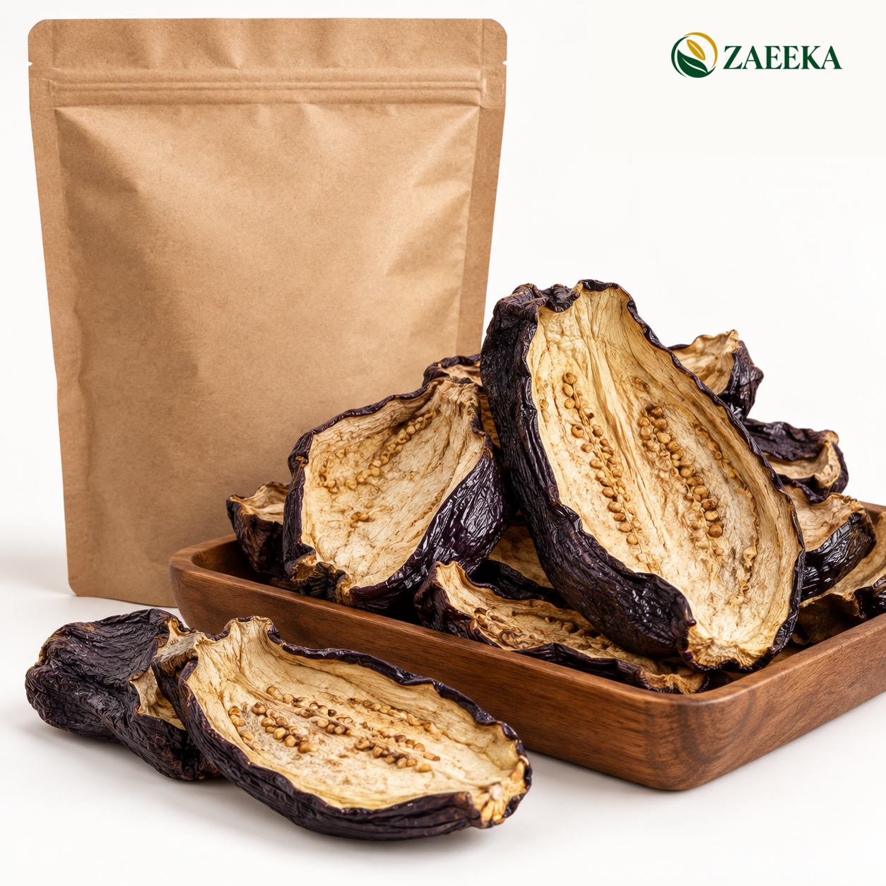 Large dried eggplant catalogue image with correctly spelled ZAEEKA logo