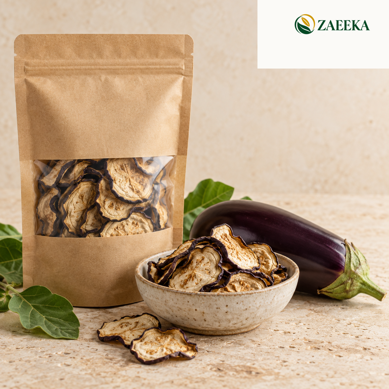 Organic dried eggplant bulk wholesale product image with correct ZAEEKA logo