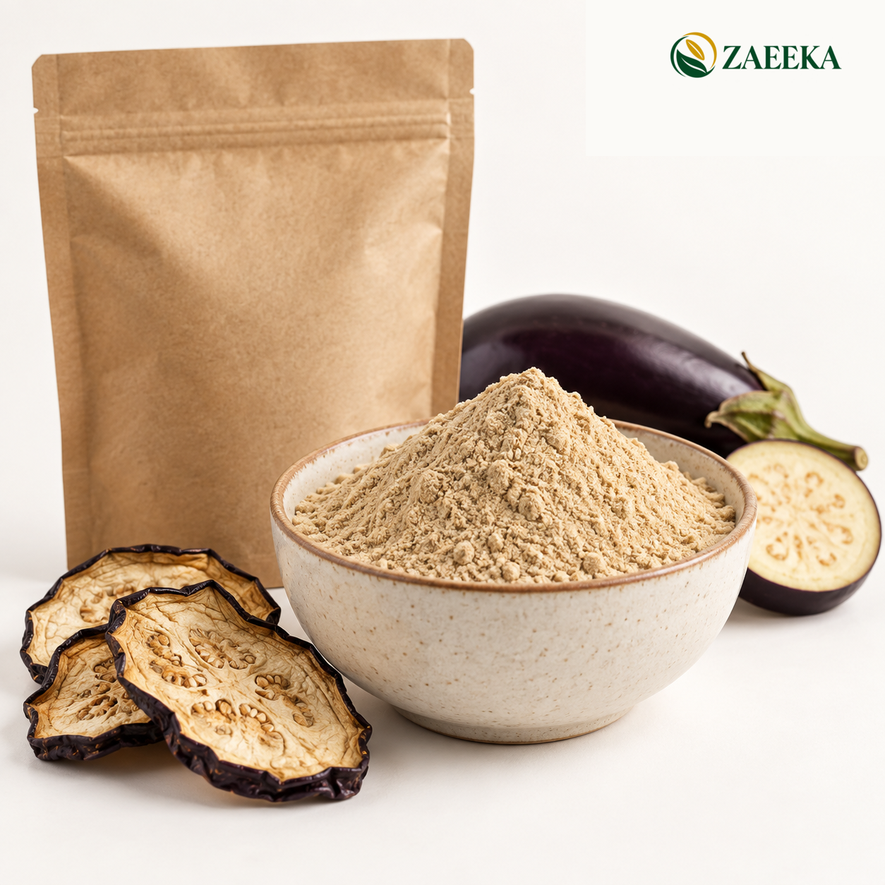 Dried eggplant powder bulk wholesale product image with correct ZAEEKA logo
