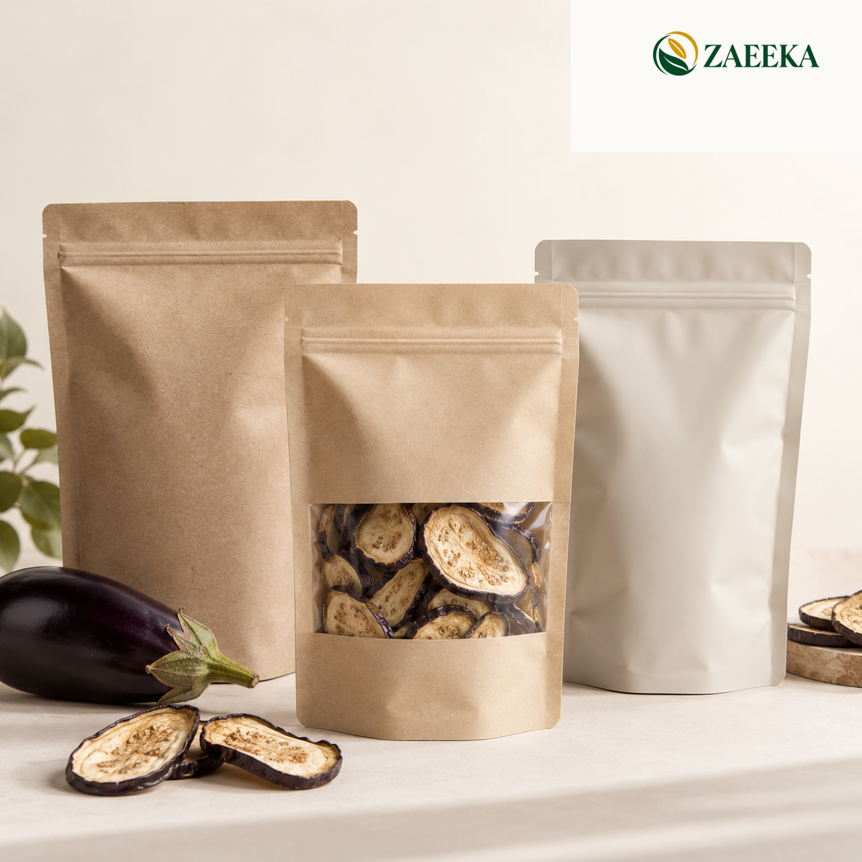 Private label dried eggplant bulk wholesale packaging image with correct ZAEEKA logo