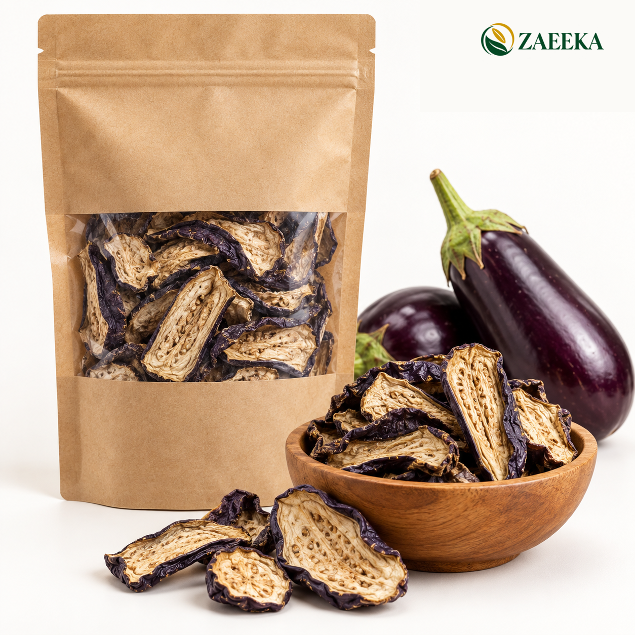 Dried purple eggplant bulk wholesale product image with correct ZAEEKA logo