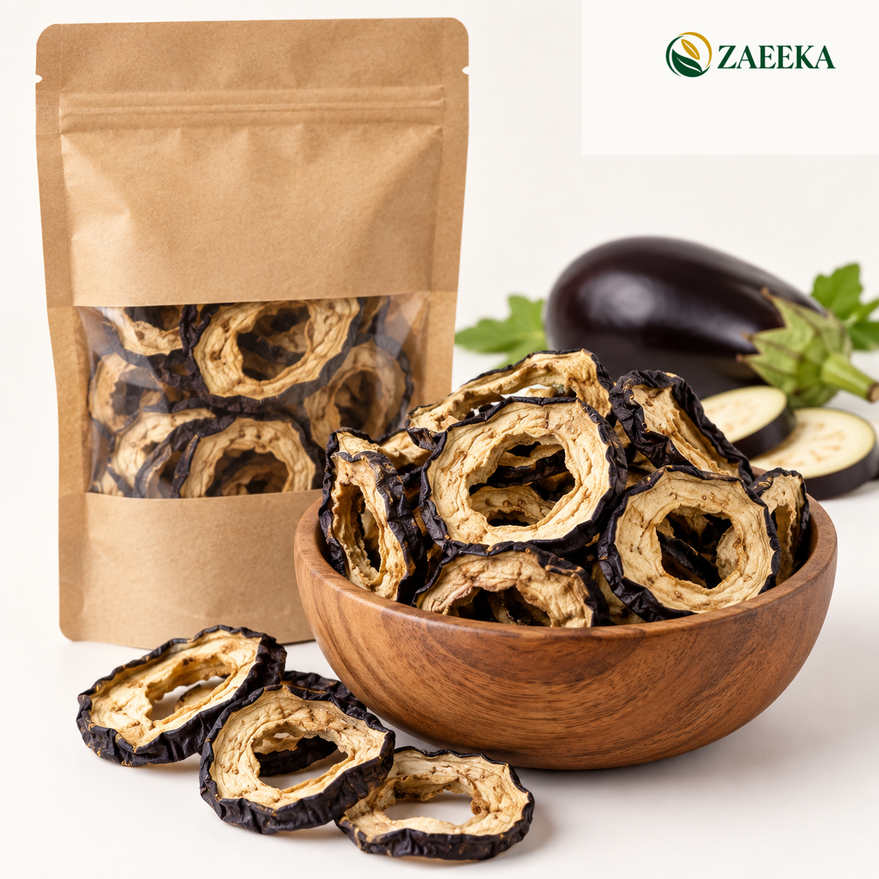 Ringed dried eggplant catalogue image with correctly spelled ZAEEKA logo
