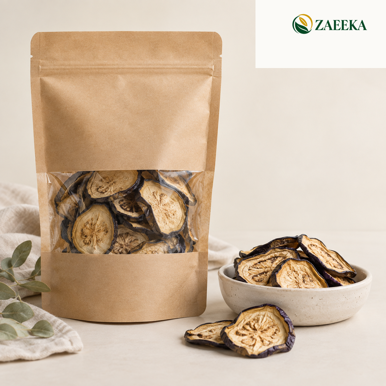 Dried eggplant 500 gram wholesale sample pack product image with correct ZAEEKA logo