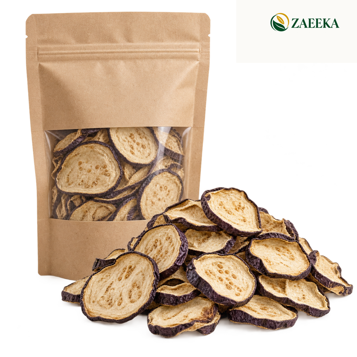 Sliced dried eggplant catalogue image with correctly spelled ZAEEKA logo