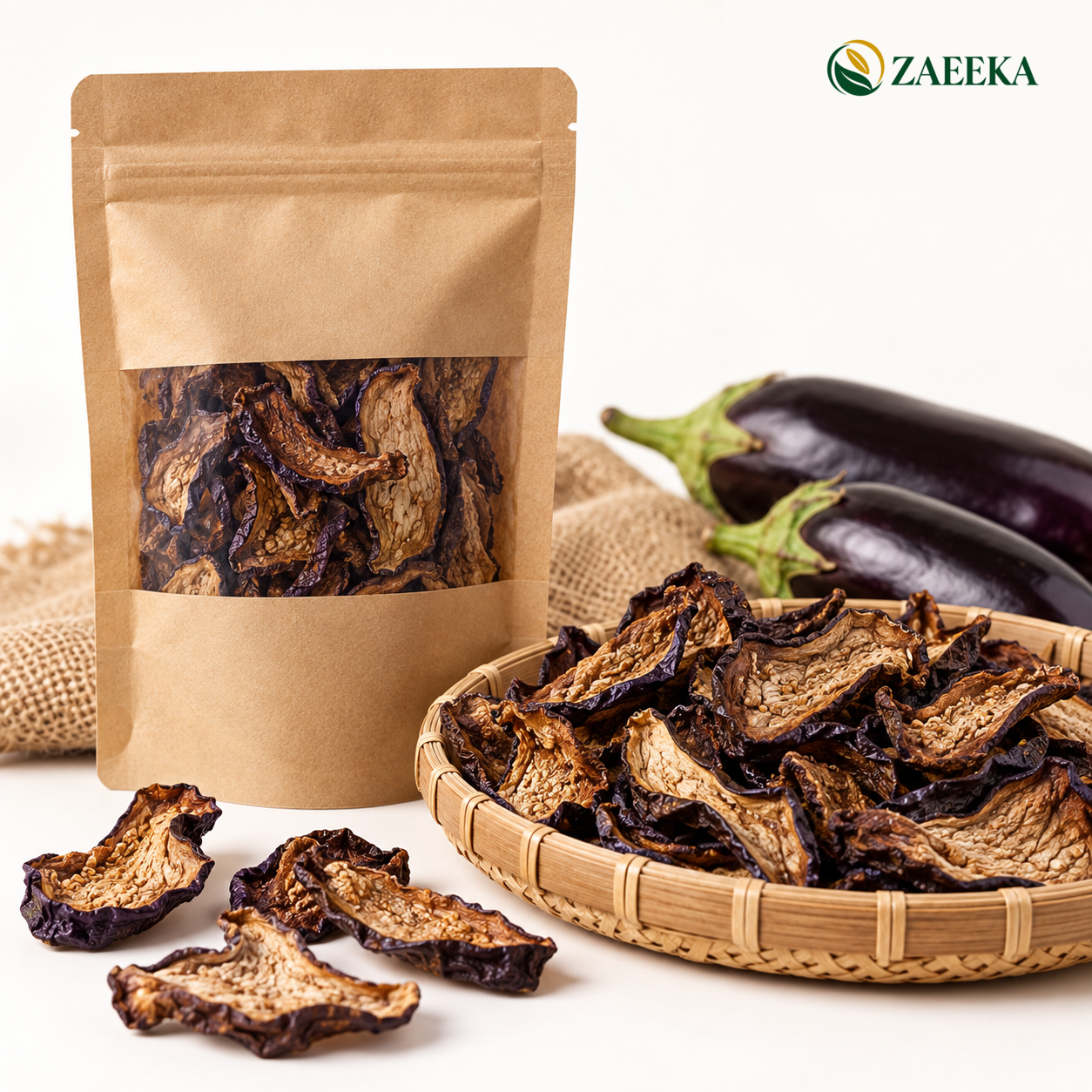 Sun-dried eggplant bulk wholesale product image with correct ZAEEKA logo