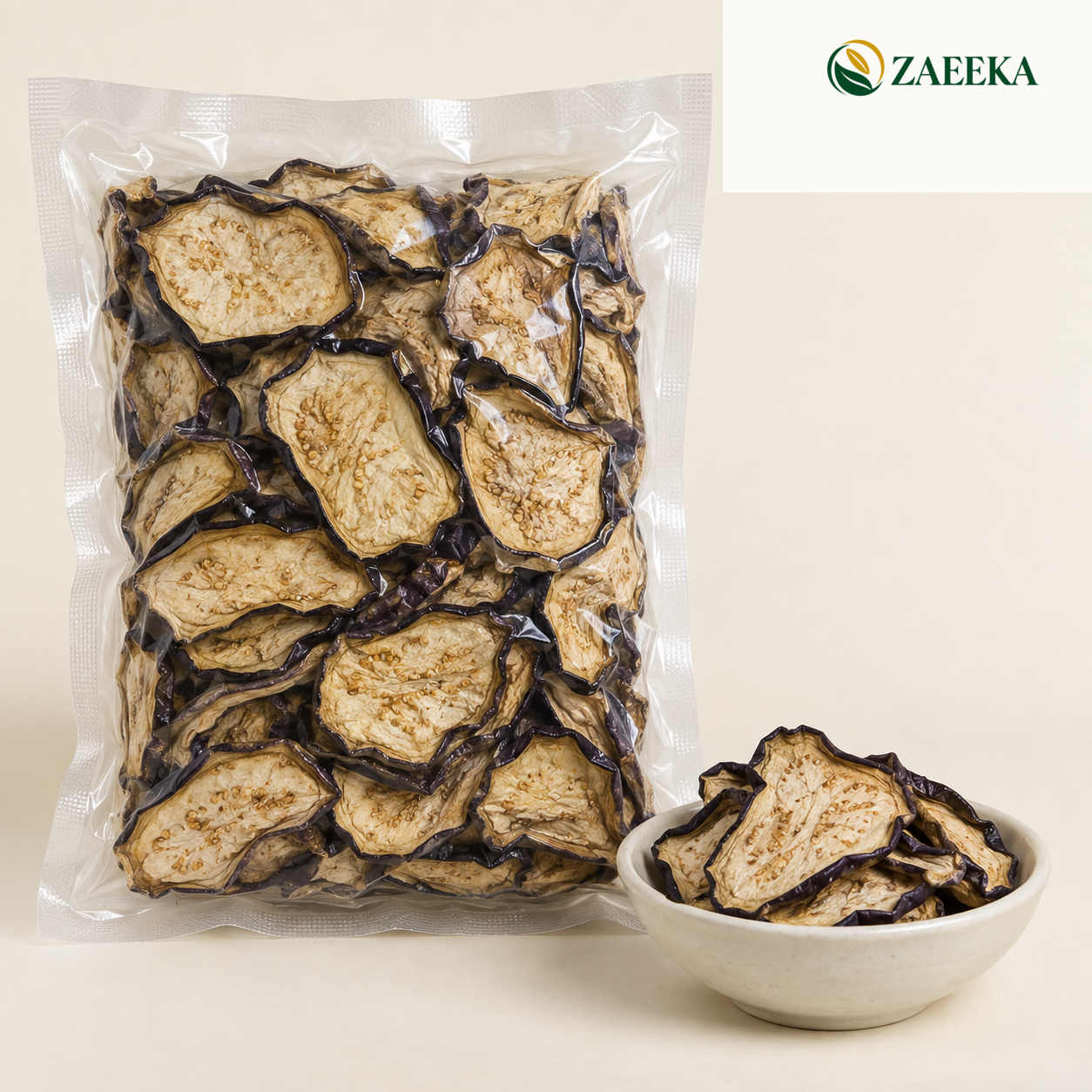 Vacuum packed dried eggplant bulk wholesale product image with correct ZAEEKA logo