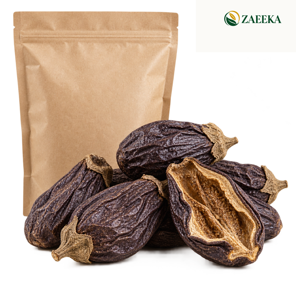 Whole dried eggplant catalogue image with correctly spelled ZAEEKA logo