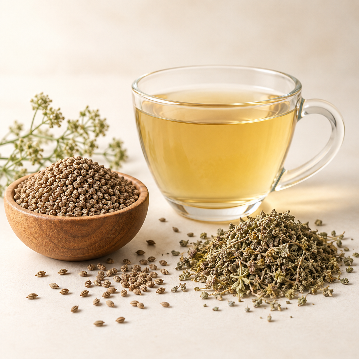 Ajwain herbal tea with carom seeds in a wooden bowl