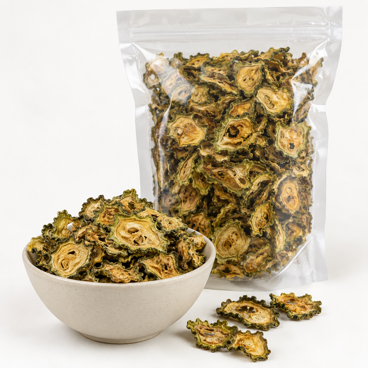 Dried bitter gourd karela chips bulk supply catalogue image