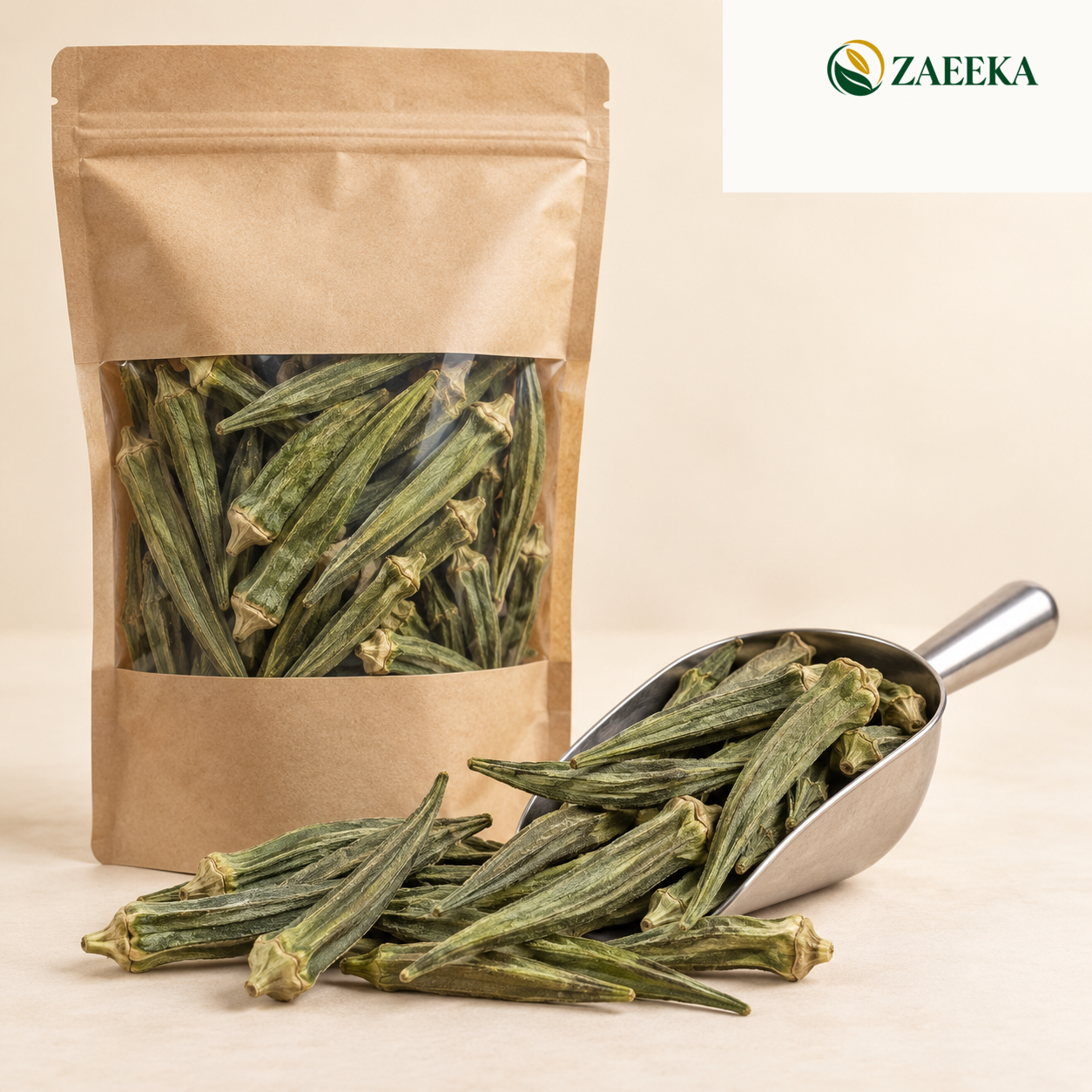 Large whole dried okra wholesale product image with correct ZAEEKA logo