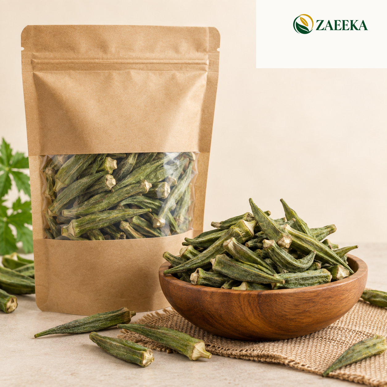 Medium whole dried okra wholesale product image with correct ZAEEKA logo