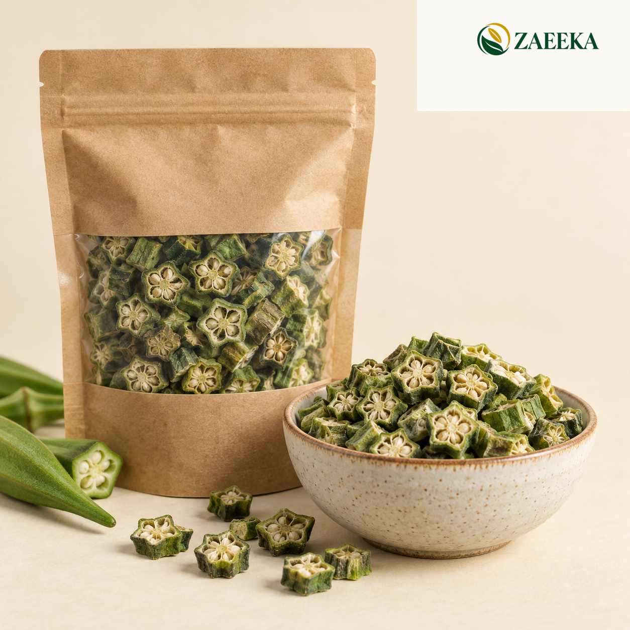 Sliced dried okra wholesale product image with correct ZAEEKA logo