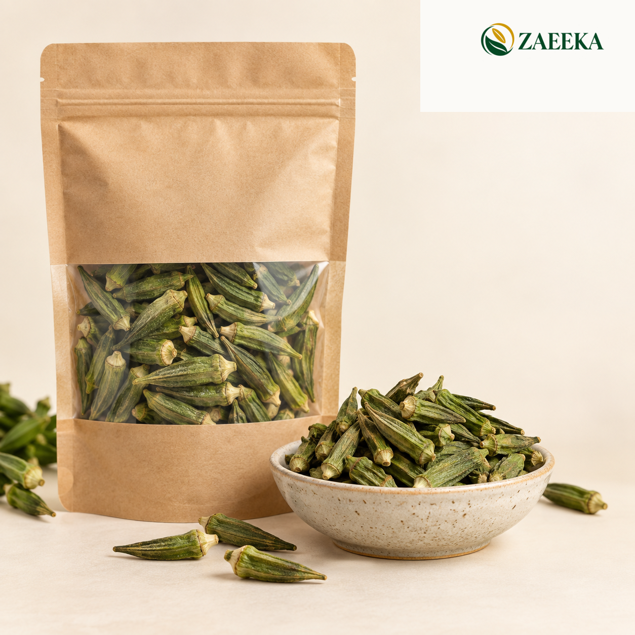 Small whole dried okra wholesale product image with correct ZAEEKA logo