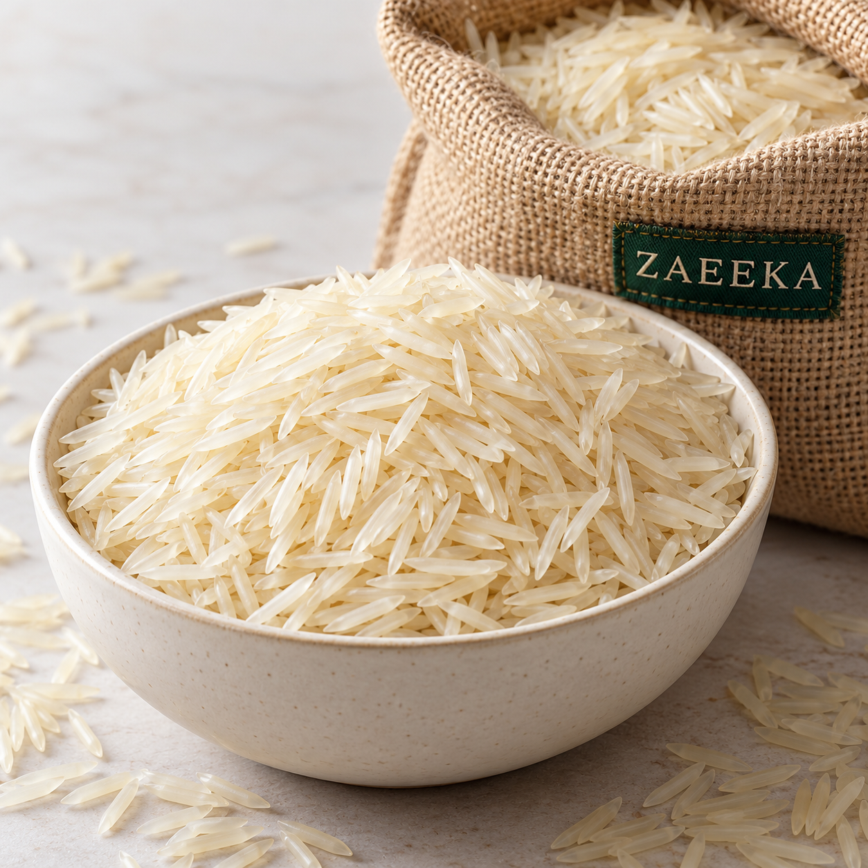 Illustrative 1121 White Sella Basmati Rice in a bowl beside a ZAEEKA sack