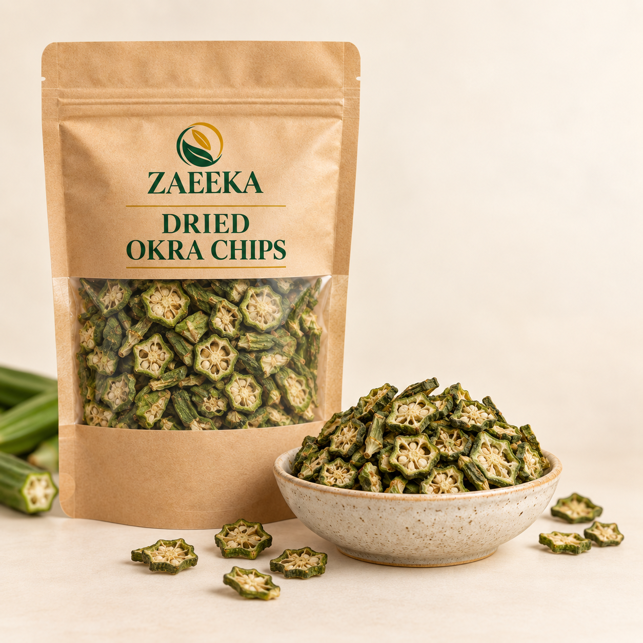Dried Okra Chips in Zaeeka packaging