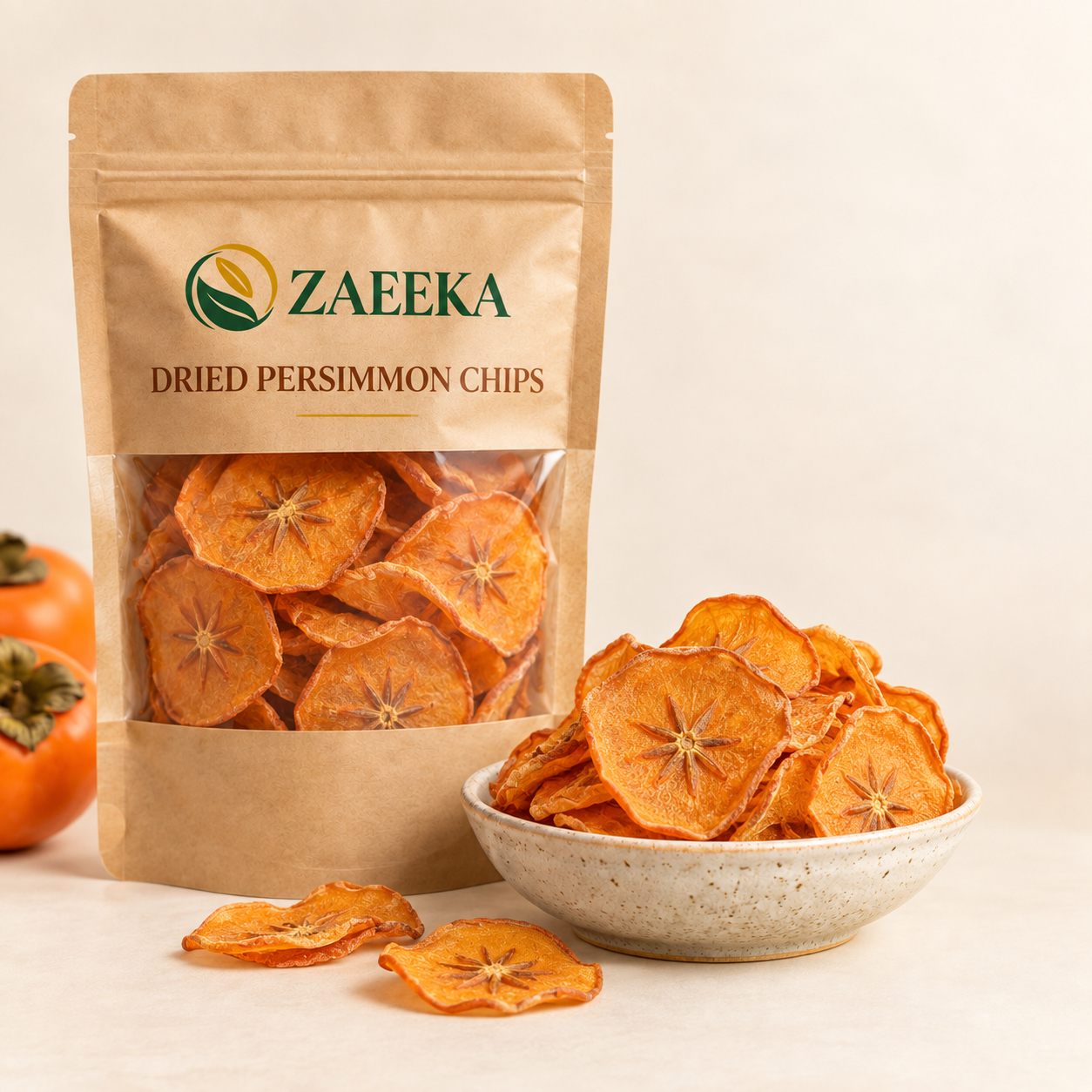 Dried Persimmon Chips in Zaeeka packaging